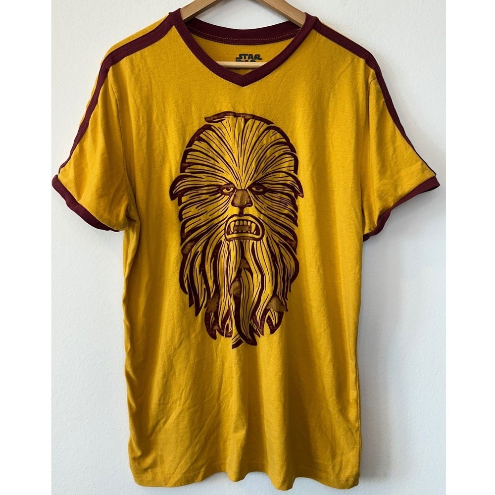 Star Wars Chewbacca Graphic Ringer T-Shirt Mens Yellow Burgundy V-Neck Stripe L